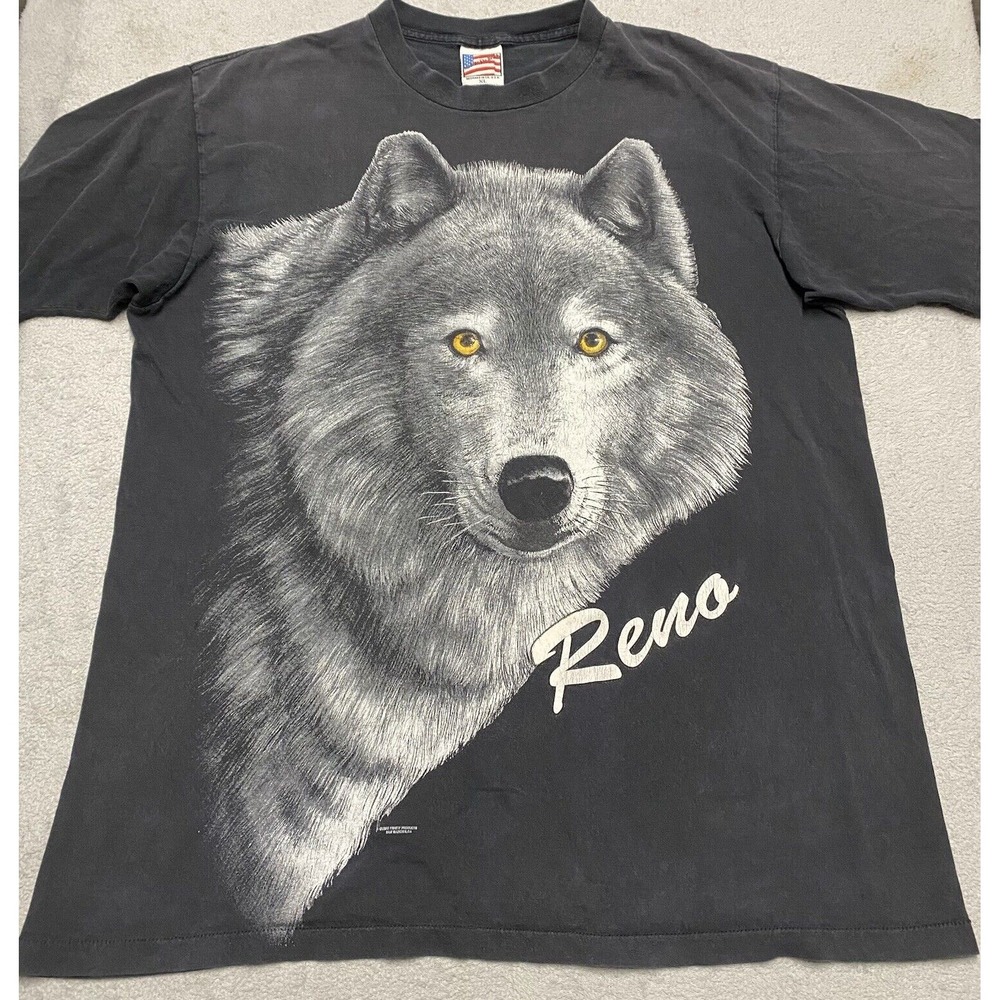 Vintage Wolf T Shirt Mens XL Black Mega Print Reno Graphic 90s Single Stitch